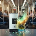 Maison Alhambra Jean Lowe Fraiche — A white cylindrical box and a glass perfume bottle are displayed on a dark surface, with fragments of glass and colorful particles exploding outwards, set against a blurred background of people on a train.