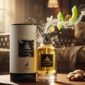 Maison Alhambra Jean Lowe Fraiche Eau de Parfum — A shattered glass effect emanates from the perfume bottle, with ginger slices, cucumber slices, and white flowers floating in the air. The product box is to the left.