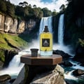 Maison Alhambra Jean Lowe Fraiche — Yellow perfume bottle and small black cap displayed on a wooden hexagonal stand in front of a majestic waterfall.