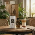 Maison Alhambra Jean Lowe Noir — A bottle of Jean Lowe Noir Eau de Parfum and its cylindrical box stand on a wooden table next to a frothy coffee drink, with lush green plants in the background.