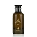Maison Alhambra Jean Lowe Noir — Dark brown glass perfume bottle with gold leaf logo, deer silhouette, and black cap, isolated on white.
