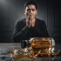 Maison Alhambra Jean Lowe Nouveau by Maison Alhambra 100ml — A man in a black shirt looks shocked with hands over his mouth as a broken perfume bottle spills its amber liquid and glass shards onto a dark, textured surface.