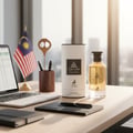 Maison Alhambra Jean Lowe Nouveau — A bottle of Jean Lowe Nouveau perfume and its cylindrical box stand on a wooden desk next to a laptop displaying a spreadsheet and a Malaysian flag.