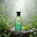 Maison Alhambra Jean Lowe Vibe — Green gradient glass perfume bottle with black cap, surrounded by lush green mint and fern foliage on a mossy rock, with a soft, misty forest background.