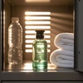 Maison Alhambra Jean Lowe Vibe by Maison Alhambra 100ml EDP — Green perfume bottle with black cap and deer logo, next to a water bottle and stacked white towels inside a locker with light rays.