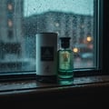 Maison Alhambra Jean Lowe Vibe by Maison Alhambra 100ml EDP — Green glass perfume bottle and cylindrical box with deer logo, placed on a wet wooden surface by a rain-streaked window.