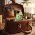 Maison Alhambra Jean Lowe Vibe by Maison Alhambra 100ml EDP — Green perfume bottle and passport inside an open brown leather travel bag, with sunglasses and a small round container.