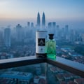 Maison Alhambra Jean Lowe Vibe by Maison Alhambra 100ml EDP — A green glass perfume bottle and its white cylindrical box sit on a balcony railing with a misty city skyline and skyscrapers in the background.