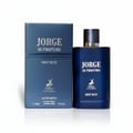 Maison Alhambra Jorge Di Profumo Deep Blue — A dark blue perfume bottle and its matching box are displayed side-by-side against a white background, with a reflection.