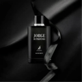 Maison Alhambra Jorge Di Profumo — Black perfume bottle with silver accents, wrapped in black ribbon against a dark, draped fabric background.