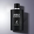 Maison Alhambra Jorge Di Profumo — Black matte perfume bottle with silver accents and white text, featuring a deer logo and "Eau de Parfum" inscription, set against a gradient background with soft shadow.