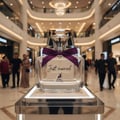 Maison Alhambra Just Married by Maison Alhambra Woman 100ml — A clear glass perfume bottle with a purple ribbon bow, featuring the text 'Just married' and a deer logo, displayed in a brightly lit shopping mall.