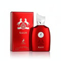 Maison Alhambra Kalos by Maison Alhambra Woman 100ml — Red perfume bottle and matching red box with silver horse emblem, presented on a white reflective surface.