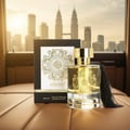 Maison Alhambra Karat by Maison Alhambra 100ml EDP — A clear glass perfume bottle with a gold cap and black tassel, placed next to its black and white patterned box, with a city skyline and twin towers in the background.