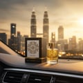 Maison Alhambra Karat by Maison Alhambra 100ml EDP — Perfume bottle and box on a car dashboard with Kuala Lumpur skyline at sunset in the background.