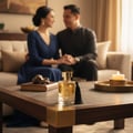 Maison Alhambra Karat by Maison Alhambra 100ml EDP — A gold-accented perfume bottle with a black tassel sits on a marble table in front of a blurred couple holding hands on a sofa, with a lit candle in the background.