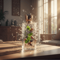 Maison Alhambra Kingsman by Maison Alhambra – 100 ml for Him, a glass perfume bottle with a golden crown cap, exploding with liquid and fragments, containing green leaves, cinnamon sticks, and coffee beans.
