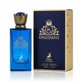 Maison Alhambra Kingsman by Maison Alhambra – 100 ml for Him, a blue glass perfume bottle with a gold crown-like cap and a matching navy blue box with gold accents and a deer emblem.