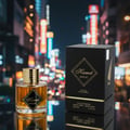 Maison Alhambra Kismet Magic by Maison Alhambra 100ml EDP Unisex — A glass perfume bottle with golden cap and amber liquid, next to its black and gold box, set against a blurred city night background with neon lights.