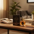 Maison Alhambra Kismet Magic by Maison Alhambra 100ml EDP Unisex — A perfume bottle and its box sit on a wooden table next to an open book and a potted plant in a living room setting.