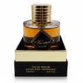 Maison Alhambra Kismet Magic by Maison Alhambra 100ml EDP Unisex — Amber liquid perfume in a clear glass bottle with a ribbed gold cap, presented on a black and gold box.