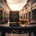 Maison Alhambra Kismet Magic by Maison Alhambra 100ml EDP Unisex — Black textured box and golden glass perfume bottle with gold cap, placed on a dark metal table with decorative vases and a small Buddha statue in the background.