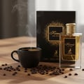Maison Alhambra Kismet For Men by Maison Alhambra 100ml Man — A bottle of Kismet For Men perfume with a gold cap stands next to a black coffee cup and scattered coffee beans, with steam rising from the cup and a black gift box in the background.