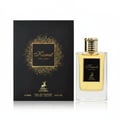 Maison Alhambra Kismet For Men Eau De Parfum — Black box with gold glitter and deer logo next to a clear glass perfume bottle with gold cap.