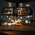 Maison Alhambra Kismet For Men by Maison Alhambra 100ml Man — Black box and gold-capped bottle reflected in a car's rearview mirror at night with city lights bokeh