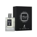 Maison Alhambra Kismet Moscow by Maison Alhambra 100ml EDP — Clear glass perfume bottle with silver ribbed cap and black label, next to a black presentation box with silver glitter accents and brand logo.