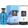 Maison Alhambra Jean Lowe Azure EDP 100ml — Blue glass perfume bottle with silver cap, light blue wavy patterned box, and white cylindrical presentation case.