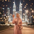 Maison Alhambra La Vita Maison Alhambra 100ml EDP Women — Wanita bertudung pegang botol minyak wangi di hadapan Menara Berkembar Petronas waktu malam, dengan lampu bokeh.