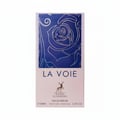Maison Alhambra La Voie — A rectangular perfume box with a dark blue top featuring a silver rose design, and a light pink bottom with the brand logo and product details.