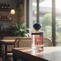 Maison Alhambra La Voie by Maison Alhambra 100ml for Her — A rose gold perfume bottle with a dark blue cap sits on a wooden table in a cafe setting, with blurred chairs and windows in the background.