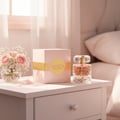 Maison Alhambra La Vita 100ml EDP Women — Kotak minyak wangi merah jambu dengan jalur emas dan botol minyak wangi kaca jernih bertutup emas, di sebelah jambangan mawar merah jambu dan bunga ekor kucing di atas meja sisi katil putih.