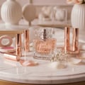 Maison Alhambra La Vita Maison Alhambra 100ml EDP Women — Botol minyak wangi kaca jernih bertutup kristal faset diletakkan di atas permukaan marmar, dikelilingi tiub gincu emas ros, kompak blusher, serta bunga putih halus dan kelopak mawar.