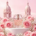 Maison Alhambra La Vita Maison Alhambra 100ml EDP Women — Botol minyak wangi kaca berfacets dengan penutup rose gold, dikelilingi bunga ros merah jambu dan baby's breath, dengan bangunan berkubah kabur di latar belakang.