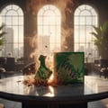 Maison Alhambra Luxe Bold – Green bottle and box exploding with brown particles and smoke on a marble table, with arched windows in the background.