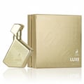 Maison Alhambra Luxe Gold by Maison Alhambra – 100 ml Unisex, botol minyak wangi emas reka bentuk geometri dan kotak emas sepadan dengan corak bulat timbul dan logo jenama