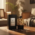 Maison Alhambra Avant by Maison Alhambra 100ml EDP Men — A black box and a cracked glass perfume bottle with golden liquid, emitting smoke and glitter, on a wooden table.