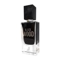 Maison Alhambra Black Wood 60ml by Maison Alhambra EDP for Men — A clear glass perfume bottle with a black cap and black liquid inside, featuring 'BLACK WOOD' text and a deer logo at the base.