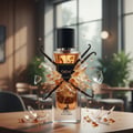 Maison Alhambra Ebene by Maison Alhambra Perfume 90 ml EDP — A clear glass perfume bottle with amber liquid, black cap, and a label reading 'ÉBÈNE'. Vanilla pods and shattered glass fragments surround the bottle, with amber droplets scattered around.