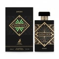 Maison Alhambra Infini Oud Joyous – Black box and bottle with gold geometric art deco design, green accents, and deer logo.