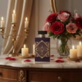 Maison Alhambra Infini Rose by Maison Alhambra 100ml EDP Unisex — Botol minyak wangi ungu dengan label geometri emas terletak di atas permukaan marmar, dikelilingi lilin menyala dan kelopak mawar merah, dengan jambangan mawar merah jambu di latar belakang.