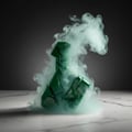 Maison Alhambra Luxe Bold by Maison Alhambra – 100 ml Unisex, a green fragmented bottle with smoke swirling around it, set against a dark grey gradient background and a marble surface.