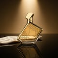Maison Alhambra Luxe Gold by Maison Alhambra – 100 ml Unisex, botol minyak wangi emas dengan corak bulatan rumit, diletakkan sebelah sarung tangan satin putih di permukaan hitam berkilat, dengan cahaya lampu hangat dari atas.