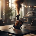 Maison Alhambra Luxe Street — A broken perfume bottle with amber liquid and smoke erupting from the top, resting on a dark table in a cafe setting.