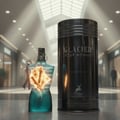 Maison Alhambra Glacier Pour Homme — Teal glass perfume bottle with glowing cracked interior and a tall black cylindrical fragrance box.