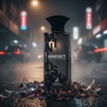 Maison Alhambra Mindset by Maison Alhambra – 100 ml For Man, a dark glass perfume bottle with the "MINDSET" label, surrounded by broken glass shards and dried flowers on a wet, dark surface with blurred city lights and cars in the background.