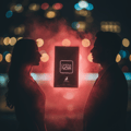 Maison Alhambra Opera Noir by Maison Alhambra 100ml EDP — Silhouettes of a man and woman facing each other with a glowing bottle of Opera Noir perfume between them, set against a bokeh background of city lights.
